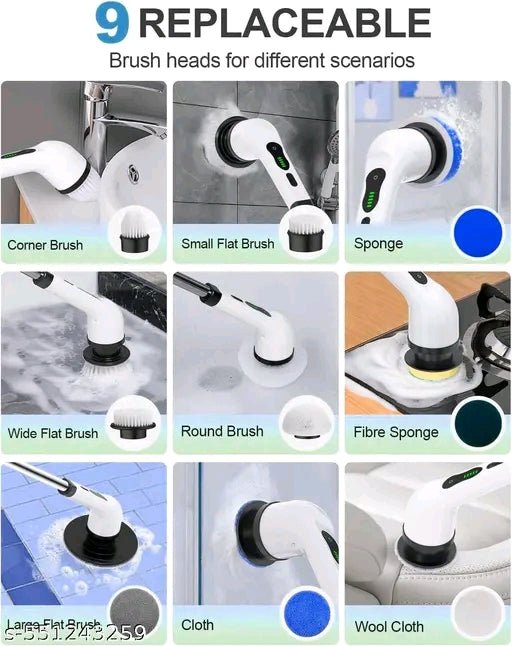 Electric Spin Scrubber with 9 replaceable heads for corner, small flat, sponge, round, fibre sponge, and cloth